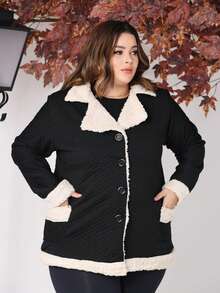 Women's Plus Size Coat With Button, Plush, Thick, Long Sleeves, Winter - Negro - Ver 1