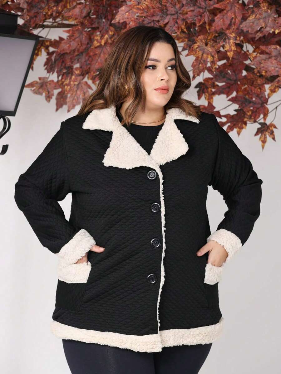 Women's Plus Size Coat With Button, Plush, Thick, Long Sleeves, Winter - Negro - Ver 1