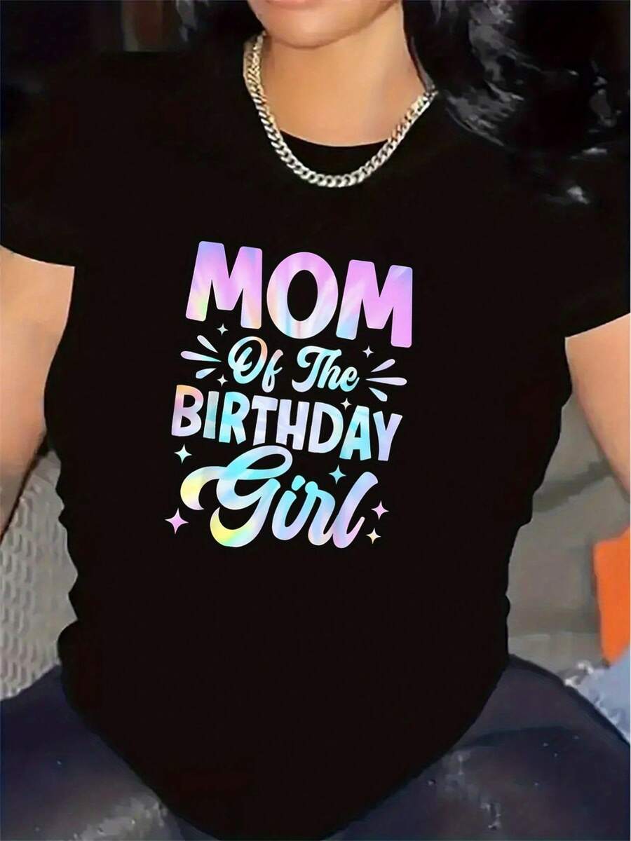 Camiseta de Poliéster para Mamá de Cumpleaños, Ideal para Fiestas, Tela Duradera y Cómoda, Regalo Perfecto para Reuniones Familiares, Diseño Estiloso con Texto Brillante, Material Ligero y Transpirable - Negro - Ver 1