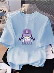 Pure Summer Women's Light Purple Short Sleeve T-Shirt, New Modern Print Style, Loose Fit Short Sleeve Top, Pure Cotton T-Shirt. - 黑色 - 查看 5