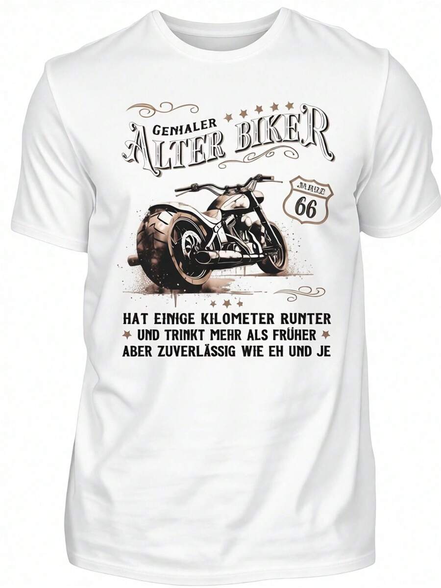 Men's Black Short-Sleeved T-Shirt With A Graphic Print Of The Phrase "German Alter Biker Vintage Motorcycle 66 Years Genialer Reliable Rider". | Casual Crew Neck, Slightly Stretchy Fabric, Regular Fit, Suitable For All Seasons. Loose And Comfortable For Summer. - White - View 1