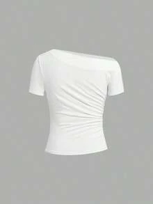 Camiseta de moda ajustada de manga corta con hombros oblicuos de unicolor para mujer - Multicolor 4 - Ver 8