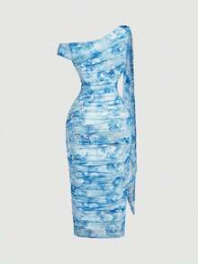 Vestido elegante de largo medio con cuello asimétrico, volantes y parches en color liso con efecto tie-dye para mujeres - Azul 2 - Ver 2
