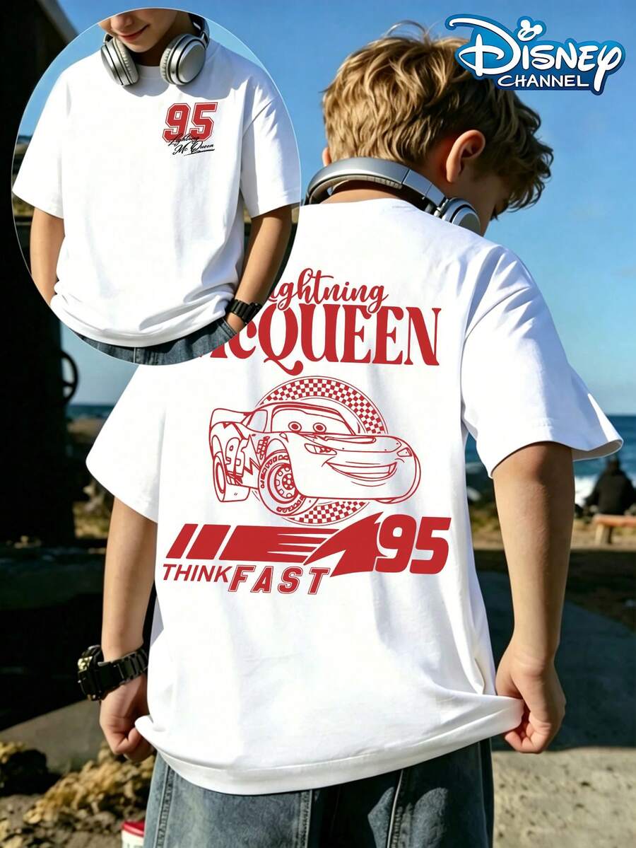Disney Cars Lightning McQueen Double Sided T-Shirt, Racing Style Children's Short Sleeved THINK FAST 95 Print Pattern Summer Loose Top,Short-Sleeved Casual And Cute Style  Children's Clothing Design, Boy Clothes For Kids ,Ropa Para Niños,Boy Clothes For Kids,Graphic Tee, Summer Clothes,Perfect For Cool Boy. Comfortable And Breathable Children's Short-Sleeved T-Shirt. Comfortable And Casual Wear All Year Round 180g Pure Cotton Children's Clothes,Comfortable & Lightweight, Iconic Print For Mix-And-Match Outfits,Suitable For Both Boys And Girls. - 白色 - 查看 1