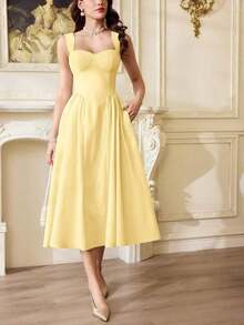 Vestido elegante vintage para mujer con bolsillos, vestido casual para té, fiesta, verano, vacaciones, vestido blanco de verano para mujer, vestido de fiesta, vestido formal con corsé, vestido de cumpleaños, vestido de invitada de boda, vestido de Pascua, vestido de primavera para mujer - Amarillo claro - Ver 3