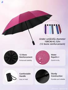Back To School Season 12-Rib Extra Large Black Windproof Folding Umbrella, Essential For Business And Travel, Suitable For Sunny And Rainy Days, Aluminum Alloy Shaft, Automatic Open/Close, Lightweight, Strong UV Protection, Foldable, Compact And Portable - Multicolor - View 8