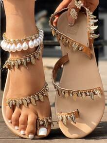 Women's Bohemian Style Rhinestone Leaf Decor Casual Comfortable Beach Flip Flops - Brown - View 5