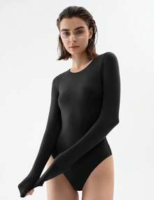 ZZL Body Manga Larga Cuello Redondo| Efecto Ajustado y Tela Suave como Mantequilla| Top Básico Esencial para Uso Diario - Salpicado de blanco - Ver 4