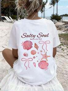 Gift2026 Spring/Summer New Women's Short Sleeve Round Neck T-Shirt, Artistic Seashell And Star Print, Casual Beach Vacation Style, Double-Sided Print - 白色的 - 查看 4