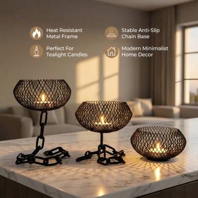 3pcs Industrial Chain Iron Candle Holders - Heavy Duty Iron Structure, Vintage Industrial Style Decoration With Chain Design, Suitable For Indoor/Outdoor Candle Holder Stands, Ideal For Home Decor And Various Holiday Occasions