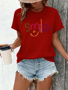 GiftGiftGiftGiftPlus Plus Size, Colorful Text With "Smile" And The Letter "I" Designed As A Yellow  Face Pattern. New Women's Short Sleeve Summer T-Shirt, Casual And Fashionable Printed T-Shirt For Women, Elegant Clothing For WomenSoftSoft - 紅色 - 查看 6