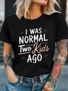 Ropa para Adolescentes, Camiseta con Estampado de Letras "I WAS NORMAL Two AGO", Top Casual de Manga Corta y Cuello Redondo para Verano y Primavera, Ropa para Mujer, Camisetas Holgadas y Cómodas para Mujer - Negro - Ver 7