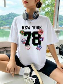Camiseta para Mujer con Estampado de Números, Cuello Redondo, Manga Corta, Diseño Casual, Ideal para Verano - Blanco - Ver 9