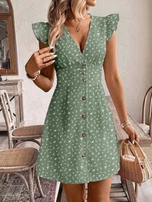 Frenchy Vestido casual de mujer con cuello en V, manga corta, corte evasé y botones con estampado floral diminuto, conjunto de vacaciones para mujer - Multicolor 2 - Ver 5