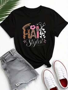 Women's Graphic Hair Stylist T-Shirt -  And Comfortable T-Shirt For Hair Stylists - Perfect For Salons And Everyday Wear - Summer And Spring Season - Casual Style - Unisex Vintage Urban Style - Loose Fit Short Sleeve Crew Neck T-Shirt 100% Cotton - 黑色 - 查看 3