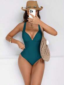 Traje de baño de una pieza con control de abdomen y push-up, con parches de color marrón, cordón de ajuste elegante y sexy, para fiestas y piscina - Agua verde azul - Ver 5