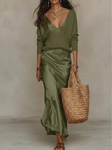 Women's Knit Sweater And Satin Slip Dress Two-Piece Set With - Dark Green Suit - View 1