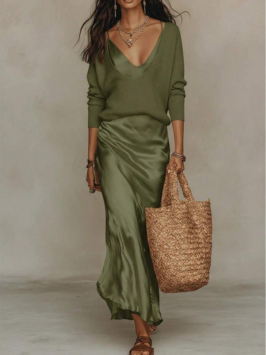Women's Knit Sweater And Satin Slip Dress Two-Piece Set With - Dark Green Suit - View 1