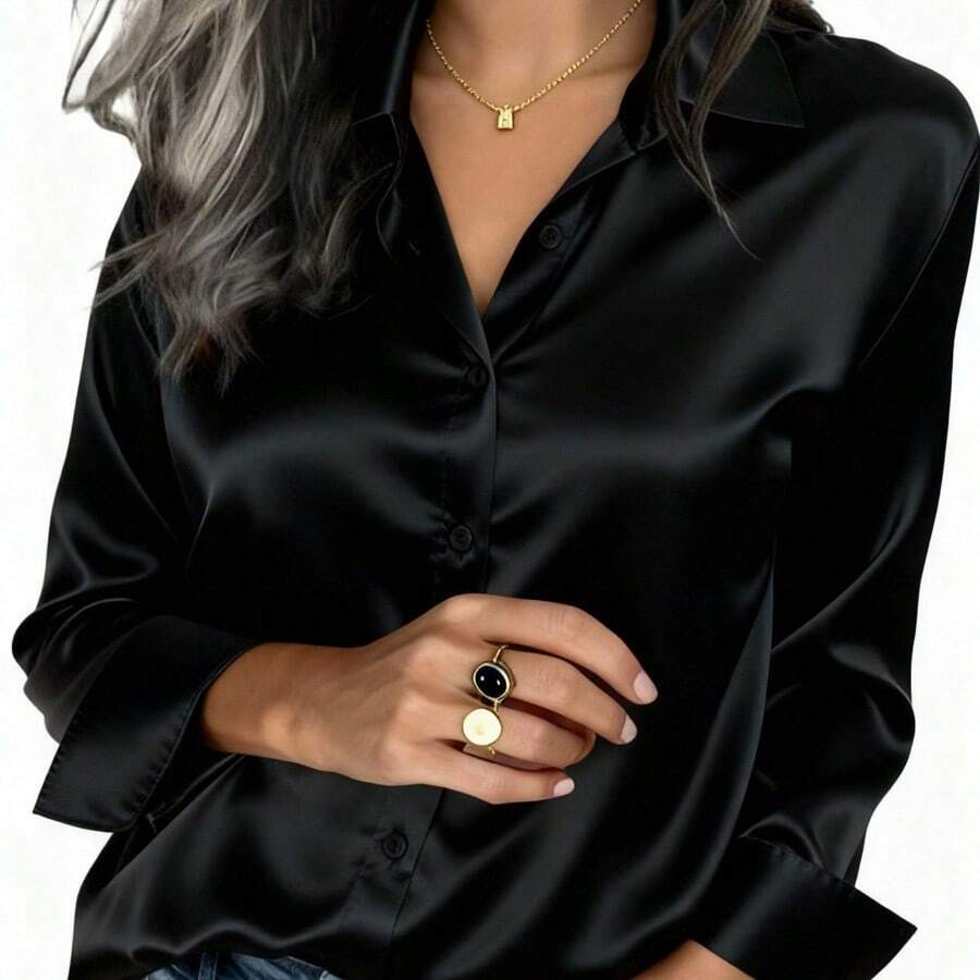 2026 Women's Satin Button-Up Blouse, Elegant Collared Shirt For Office Or Casual Wear, Autumn Winter Spring Summer Tops Summer Outfits For Women Summer Clothes Shirts Vacation Outfits Women Spring Outfits For Women Blusas Bonitas De Mujer Cute Tops Going Out Tops Women - 黑色 - 查看 1