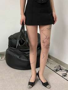 女士防勾丝透明连裤袜，水洗蝴蝶印花图案，高腰裸色连裤袜，适合派对和日常穿着 - 杏色 - 查看 2