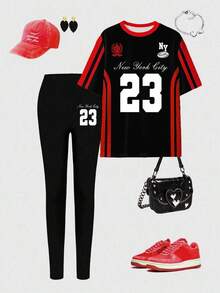 Conjunto de camiseta de manga corta básica de cuello redondo y leggings con estampado de lazo y estampado de leopardo, de ajuste relajado, versátil y cómodo para todas las estaciones, para mujer - Multicolor 6 - Ver 3