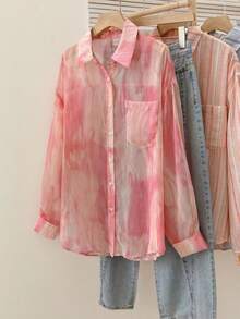 Camisa de protección solar con efecto tie-dye dulce para mujer, de cuello de solapa y manga larga, informal para exteriores/vacaciones, holgada, transpirable y ligera, estilo camisa, color rosa, para primavera/verano - Rosa - Ver 2