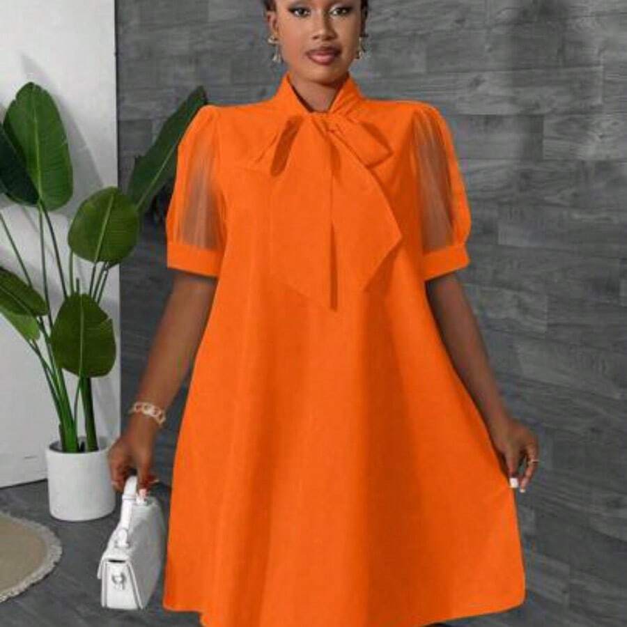 Maweii Plus Size Women Loose Mesh Patchwork Bow Design Vacation Dress, Spring/Summer Orange - Naranja - Ver 1