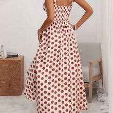 Women's U-Neck Wide Strap Cinched Waist Pleated Back Adjustable Elastic Flared A-Line Midi Dress, Romantic Big Polka Dot, Elegant French Retro Minimalist, Suitable For Office, Commute, Business, Casual, Beach, Spring/Summer - Verde - Ver 3