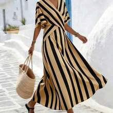 Holidaya Women's Yellow Striped Loose Vacation Spring/Summer V-Neck Fit-And-Flare Dress, Suitable For Vacation, Casual, Home And Daily Activities - Camel - Ver 1