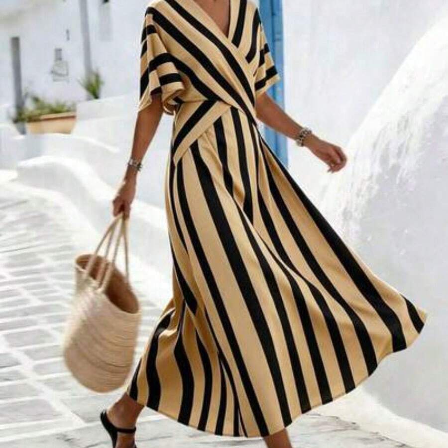 Holidaya Women's Yellow Striped Loose Vacation Spring/Summer V-Neck Fit-And-Flare Dress, Suitable For Vacation, Casual, Home And Daily Activities - Camel - Ver 1