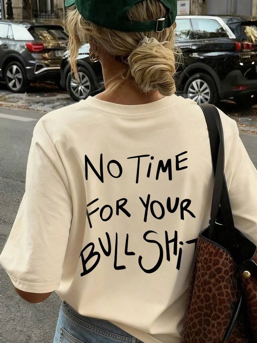 Women's Versatile And Fashionable Summer Casual Round Neck Short Sleeve T-Shirt With Inspirational Phrase Print In English, In White - 米色 - 查看 1