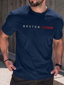 Men's Summer Short-Sleeved T-Shirt With A Casual Print, Featuring A Boston Design. Comfortable, Soft, Breathable, And Moisture-Wicking. Express Shipping From A Local Warehouse. - 海軍藍 - 查看 1