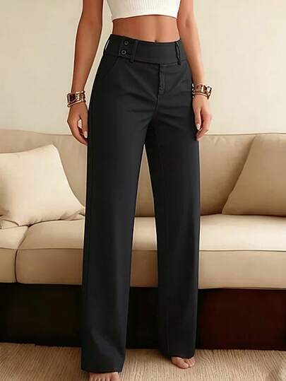 Pantalones rectos de traje de cintura alta de doble botonadura de unicolor, pantalones anchos adelgazantes para el lugar de trabajo en primavera y otoño, pantalones casuales versátiles de color negro