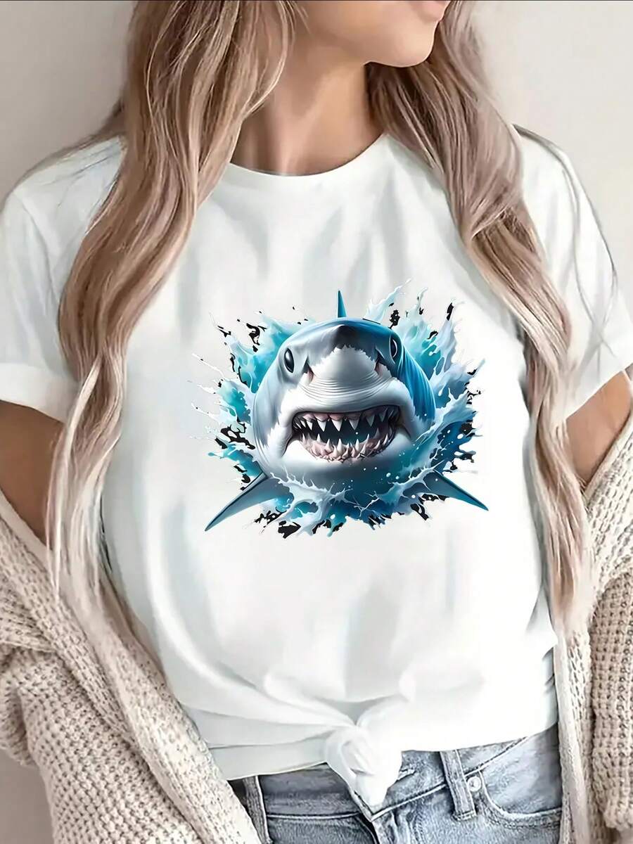 Camiseta de Manga Corta de  con Diseño de Salpicadura de Tiburón, Ligera y Duraderara Uso Casual en Casa o Restaurante, uste Cómodo para Uso Diario