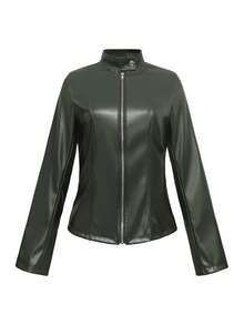 Jaket Kulit PU Wanita Kasual Modis Warna Polos Lengan Panjang Gaya Motor dengan Resleting, Cocok untuk Musim Semi, Gugur, dan Musim Dingin - Olive Green - View 5