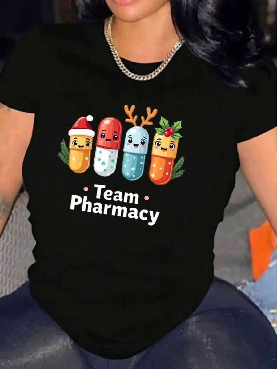 Camiseta Casual de Manga Corta para Mujer Navidad 1 Pieza 100% Algodón Pesado - Cuello Redondo Cómodo, Tops Suaves y Adorables - Negro - Ver 1
