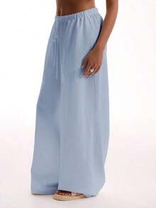Pantalones de lino con textura, con cintura de corbata, para vacaciones de verano, elegantes, bohemios, casuales, para el aeropuerto, de primavera - Azul - Ver 5