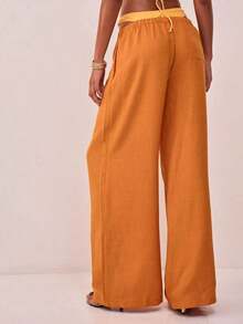 Pantalones de lino con textura, con cintura de corbata, para vacaciones de verano, elegantes, bohemios, casuales, para el aeropuerto, de primavera - Marrón - Ver 2
