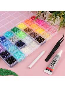 28-Grid Jelly Resin Rhinestone DIY Set With Glue, Tweezers, And Dotting Pen, Multi-Color Mixed Resin Rhinestones, Suitable For Handmade DIY Jewelry, Phone Cases, And Other Rhinestone Decorations - Multicolor - View 5