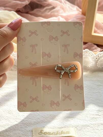 1pc INS Style Nude Pink Tie Dye Crystal Bow Hair Clip, Minimalist Elegant Duck Clip Hair Accessory For Women