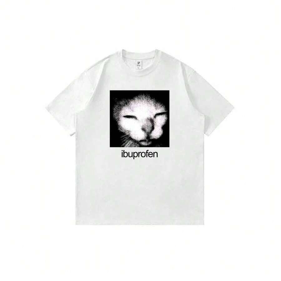 Unisex T-Shirt With A Fun Anime Cartoon Print Featuring The Cat Face And Ibuprofen Meme. Casual Summer T-Shirt With A Crew Neck. - 白色 - 查看 1