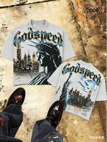"Godspeed" Title - Oversized Distressed Print T-Shirt With Statue Of Liberty Pattern In The Night, Men's Short Sleeve, 100% Cotton, Loose Fit, Y2K Street Retro Casual Urban Aesthetics, 100% Cotton Pullover. Gift. - 灰色 - 查看 1