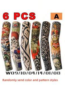 6pcs/Set Men's Sunscreen Tattoo Arm Sleeves, Summer Ice Silk Tattoo Cover Arm Warmers, Suitable For Fishing, Cycling And Outdoor Activities, Summer Essential (Patterns And Color Styles Sent Randomly) - A - View 14