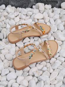 1 Pasang Sandal Datar Tenun Bunga Musim Panas untuk Remaja, dengan Tali Warna-warni dan Detail Rhinestone Bunga, Sandal dengan Tali Pergelangan Kaki Elastis - Krem - View 6
