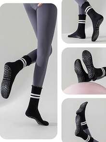 1/2/3 Pairs Cuffed Striped Yoga Socks, Non-Slip Mid-Calf Socks For Pilates, Fitness, Workout - Multicolor - View 3