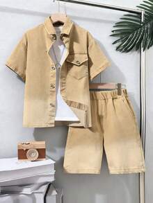 男童休闲渐变牛仔衬衫短裤套装（2件套），夏季 - 薑色 - 查看 1