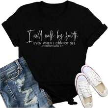 1 pieza Camiseta gráfica divertida para mujeres cristianas con la frase "I Will Walk By Faith", estampado de letras inspiradoras religiosas, manga corta, 180g, 100% algodón, los diseños están impresos. Unisexo. - Negro - Ver 1