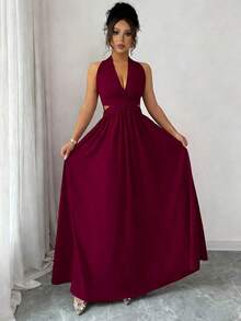 Elegante vestido sin mangas con cuello en V, diseño hueco en la cintura y pliegues, color morado, nueva llegada de primavera/verano - Burdeos - Ver 5