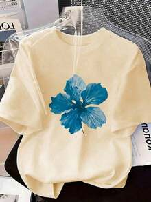 Camiseta de manga corta beige con cuello redondo, estampado floral, estilo casual, holgada y versátil para mujer, ideal para el verano, un top moderno para el uso diario. - Albaricoque - Ver 6