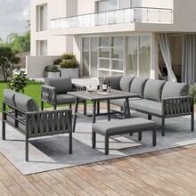 Rope Garden Furniture Set With Galvanized Iron Frame, Adjustable Feet, Corner Sofa, Tempered Glass Tabletop, Seat And Back Cushions Included, Grey - 灰色 - 查看 3